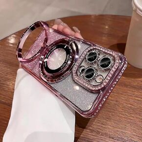 LXK Magnetic Stand for iPhone 16 Pro Max Case, [Compatible with Magsafe][Built-in Camera Lens Protector] Glitter Bling Card & Soft TPU Diamonds Bumper Protection Cover for Women Girls 6.9" Gold