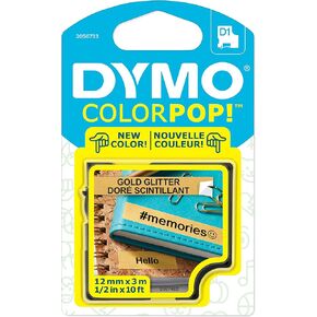 DYMO COLORPOP Authentic Label Maker Tape, 1/2" W x 10' L, Black Print on Gold Glitter, D1 Standard