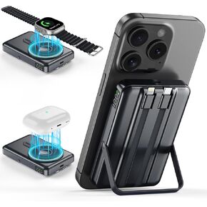 for Magsafe Wireless Portable Charger, 10000mAh 20W PD Magnetic Power Bank, 5 in 1 Fast Charging with Built-in Cables and Stand, Slim Battery Pack for iPhone 16/15/14/13/12 Apple Watch AirPods (Black)