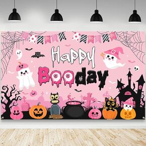 Halloween Happy Booday Backdrop for Girls Pink Boo Birthday Photography Background Pumpkin Bat Ghost Blush Pink Halloween Party Decorations Banner Photo Shoot Props 70.8 x 43.3 inch