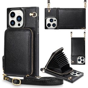 Compatible with iPhone 13 Pro Max Case Wallet Zipper Leather Case with Card Holder Slots Protective iPhone 13 Pro Max 5G Case with Lanyard Case for iPhone 13 Pro Max 5G 6.7 inch Black
