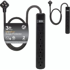 GE UltraPro 7-Outlet Surge Protector، 2 منافذ USB، سلك طاقة 4 قدم، 1500 جول، قابس مسطح، ملتوي لإغلاق أغطية الأمان، فلتر الطاقة، قاطع الدائرة، الضمان، مدرج في قائمة UL، أسود، 40482 in Kuwait