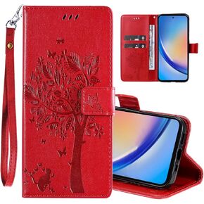 for Galaxy A35 5G Phone Case Wallet,Women Flip Folio Cover with Credit Card Holders Embossed Tree Cat Flower PU Leather Kickstand Wrist Strap Purse Case for Samsung Galaxy A35 5G Light Purple