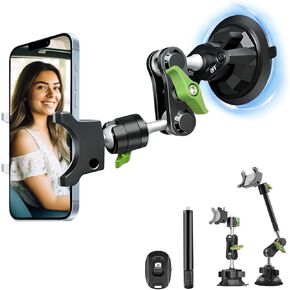HEMMOTOP Car Phone Mount, Suction Cup Camera Mount for Smooth Windshield Window Glass Dashboard, Magic Arm Suction Car Phone Holder Mount for All Smartphones & Cars