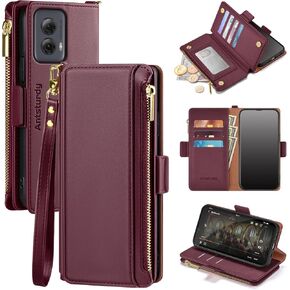 Antsturdy for Motorola Moto G Power 5G 2024 Wallet case with Card Holder Women Men,Moto G Power 5G2024 Phone case PU Leather Flip Cover Wrist Strap Zipper Credit Card Slots RFID Blocking,Wine Red