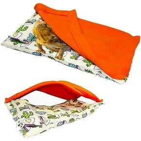 Bearded Dragon Hammock Sleeping Bag Set- Hanging Pet Bed with Pillow and Blanket Hideout Habitat with Soft Warm for Bearded Dragon Lizard Leopard Gecko and Small Pet Animal（Beige + Orange Quilt）