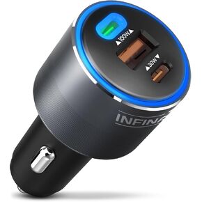 InfinaCore 130W USB Car Charger - Multi-Port USB-C & USB-A Car Lighter Adapter - Power On-The-Go Charging - Fast Charge Phone, Tablet, Laptop, Lightning Devices+ Compatible w/iPhone, Samsung & More
