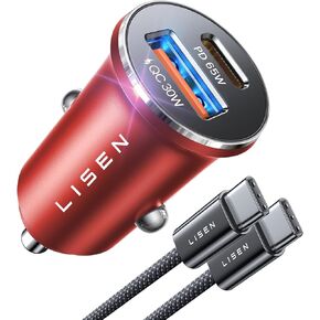 LISEN USB C Car Charger Adapter Fast Charge 95W [All Metal] Cigarette Lighter USB Charger Fast Charging PD65W Dual Port Car Phone Charger for iPhone 15 Pro Max Plus 14 Samsung Galaxy Red