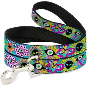 Buckle-Down Pet Leash, Dog Leash, Funky Alien Flowers Aqua Blue Multi Color, 6 Feet Long 1.0 Inch Wide
