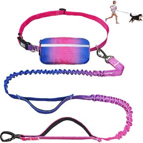 Hands Free Dog Leash with Zipper Pouch, Adjustable Waist Leash for Medium and Large Dogs Walking, Training, Jogging- Dual Padded Handles Reflective Stitches, Retractable Bungee, No Pull (Purple Blue)