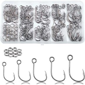 150pcs Inline Single Hooks Single Replacement Fishing Hooks for Lures Baits Large Eye Inline Circle Hooks with Split Rings Freshwater Saltwater Fishing Tackle