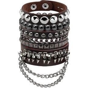 Eigso Black Leather Bracelet for Men Women Adjustable Hematite Punk Spike Metal Cuff Bangle in Kuwait