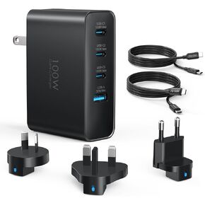 100W USB C Travel Charger, 4-Ports Foldable Travel Adapter Plug Converter with UK/EU/AU Plugs,Fast Charging for Macbook Pro/Air - iPad Pro - iPhone 16/15 Pro Max, for 45w Samsung Galaxy, Black
