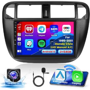 2+64G Android 13 CarPlay Car Stereo Radio for Honda Civic 1995-2001 (LHD Manual A/C), 9'' HD Touch Screen Compatible with Android Auto, AHD Backup Camera, Mirror Link, GPS, WiFi, FM RDS