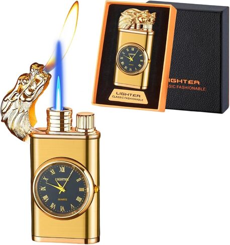 Torch Lighter, Magic Dual Flame Lighter Refillable Butane, Creative Adjustable Flame Windproof Lighter, Cool Jet Flame Butane Lighter for Men Women Friends Outdoor Candle(Without Butane)-Gold-g in Saudi Arabia