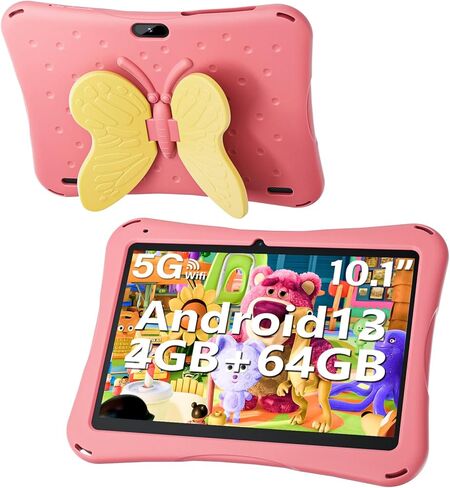 تابلت 10 بوصة للأطفال، تابلت أندرويد 13 للأطفال مع حافظة للأطفال، ذاكرة وصول عشوائي 4 جيجابايت وذاكرة قراءة فقط 64 جيجابايت، 5000 مللي أمبير، كاميرا مزدوجة، شاشة 1280 * 800، واي فاي، كيدوز مثبت مسبقًا، مقبض فراشة (وردي) in Kuwait