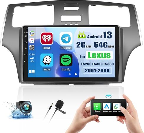 ستيريو سيارة 2G+64G Android 13 لسيارة Lexus ES250 ES300 ES330 2001-2006 مع Carplay Android Auto، راديو سيارة بشاشة لمس 9 بوصة مع نظام ملاحة GPS، بلوتوث، راديو WiFi/FM/RDS، SWC+كاميرا احتياطية in Saudi Arabia