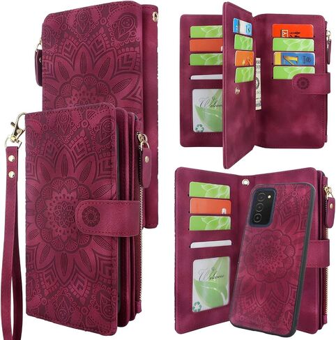 Harryshell Detachable Magnetic Zipper Wallet Leather Case with Cash Coin Pocket 12 Card Slots Holder Wrist Strap Lanyard for Samsung Galaxy A03S (Flower Wine Red) in Saudi Arabia