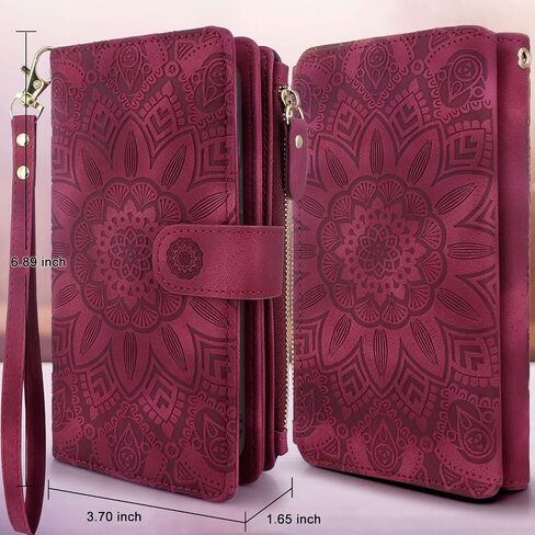 Harryshell Detachable Magnetic Zipper Wallet Leather Case with Cash Coin Pocket 12 Card Slots Holder Wrist Strap Lanyard for Samsung Galaxy A03S (Flower Wine Red) in Saudi Arabia