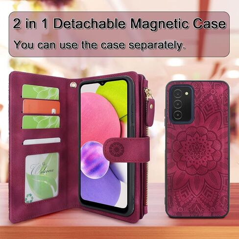 Harryshell Detachable Magnetic Zipper Wallet Leather Case with Cash Coin Pocket 12 Card Slots Holder Wrist Strap Lanyard for Samsung Galaxy A03S (Flower Wine Red) in Saudi Arabia