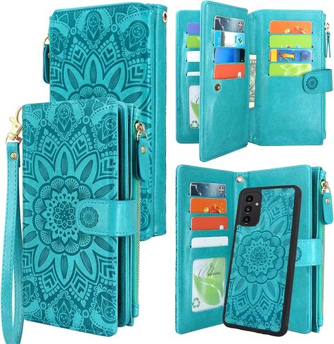 Harryshell Detachable Magnetic Zipper Wallet Leather Case with Cash Coin Pocket 12 Card Slots Holder Wrist Strap Lanyard for Samsung Galaxy A03S (Flower Wine Red) in Saudi Arabia