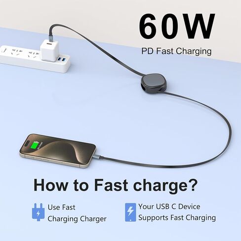 كابل Opluz USB C، 2 حزمة ميني USB C قابل للسحب 60 واط إلى USB C كابل شحن سريع، سلك شاحن PD من النوع C بطول 4 مراحل مسبقًا لهاتف iPhone 15/Pro/Plus/Pro Max، iPad/iPad Pro، MacBook Pro 2021، Galaxy in Kuwait