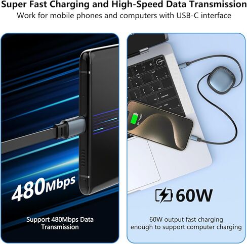 كابل Opluz USB C، 2 حزمة ميني USB C قابل للسحب 60 واط إلى USB C كابل شحن سريع، سلك شاحن PD من النوع C بطول 4 مراحل مسبقًا لهاتف iPhone 15/Pro/Plus/Pro Max، iPad/iPad Pro، MacBook Pro 2021، Galaxy in Kuwait