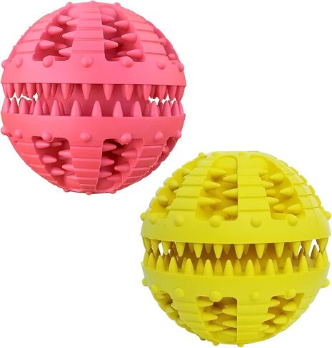 2 Pcs Dog Toy Teeth Ball,Dog Puzzle Toy,Treat Dispensing Dog Toys,Non Toxic Tear Resistant Natural Rubber Toy Ball for Pet Teeth Cleaning/Chewing/Playing/Training (Yellow+Red, 2.36in) in Saudi Arabia