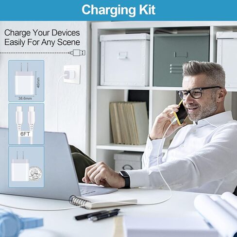 شاحن سريع من النوع C، صندوق شحن سريع 20 وات USB C Block PD وكابل شاحن 6FT C لهاتف Samsung S23/S22 Ultra/A13(5G)/S21 FE/A03 S/S22/S21/S21+/S20 FE/S10/Z Fold/Z Flip /A53/A52/A32، بكسل 7 برو/6/5A، موتو، إل جي in Kuwait