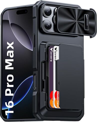 حافظة Vizvera لهاتف iPhone 16 Pro Max RFID، حامل بطاقات (4 بطاقات) وغطاء كاميرا ومسند، حافظة هاتف من السيليكون المقاوم للصدمات لكامل الجسم لهاتف 16 Pro Max 6.9 بوصة 2024- أسود in Saudi Arabia