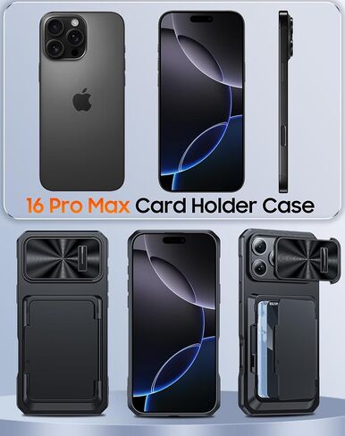 حافظة Vizvera لهاتف iPhone 16 Pro Max RFID، حامل بطاقات (4 بطاقات) وغطاء كاميرا ومسند، حافظة هاتف من السيليكون المقاوم للصدمات لكامل الجسم لهاتف 16 Pro Max 6.9 بوصة 2024- أسود in Saudi Arabia
