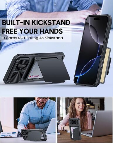 حافظة Vizvera لهاتف iPhone 16 Pro Max RFID، حامل بطاقات (4 بطاقات) وغطاء كاميرا ومسند، حافظة هاتف من السيليكون المقاوم للصدمات لكامل الجسم لهاتف 16 Pro Max 6.9 بوصة 2024- أسود in Saudi Arabia