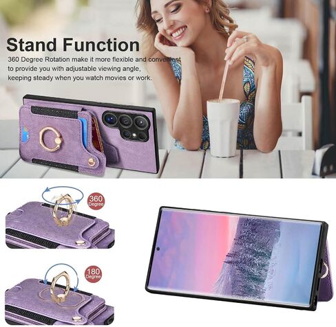 حافظة S24 Ultra، محفظة حامل بطاقات لهاتف Samsung S24 Ultra، حامل حلقي، حجب RFID، حزام معصم، واقي عدسة الكاميرا، غطاء قلاب جلدي واقٍ مغناطيسي لهاتف Galaxy S24 Ultra 2024 (أرجواني) in Saudi Arabia