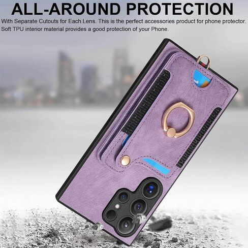 حافظة S24 Ultra، محفظة حامل بطاقات لهاتف Samsung S24 Ultra، حامل حلقي، حجب RFID، حزام معصم، واقي عدسة الكاميرا، غطاء قلاب جلدي واقٍ مغناطيسي لهاتف Galaxy S24 Ultra 2024 (أرجواني) in Saudi Arabia