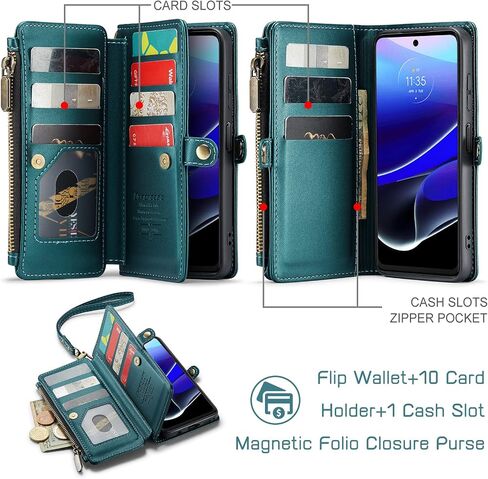 Defencase متوافق مع حافظة Moto G Stylus 5G 2022، حافظة محفظة RFID متوافقة مع Motorola Moto G Stylus 5G 2022 PU حافظة هاتف بحزام قلاب بسحاب وحامل بطاقات للنساء، أزرق أخضر in Saudi Arabia