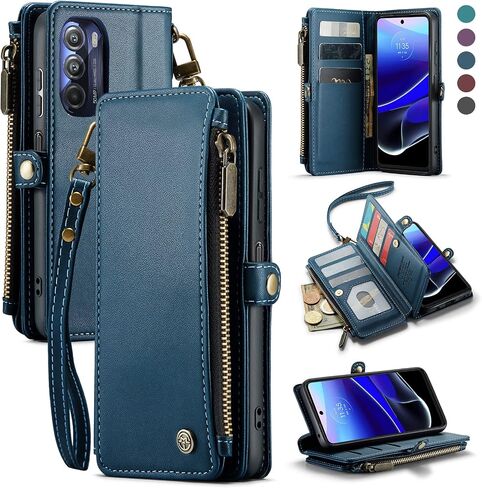 Defencase متوافق مع حافظة Moto G Stylus 5G 2022، حافظة محفظة RFID متوافقة مع Motorola Moto G Stylus 5G 2022 PU حافظة هاتف بحزام قلاب بسحاب وحامل بطاقات للنساء، أزرق أخضر in Saudi Arabia