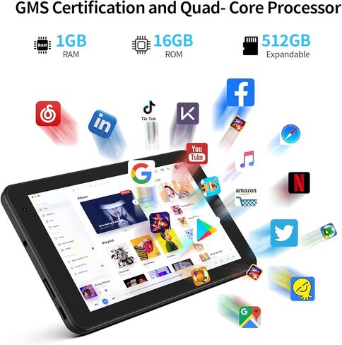 تابلت أندرويد 7 بوصة، كمبيوتر لوحي محمول، الجيل الثالث LTE، واي فاي 6.1 جيجابايت رام 16 جيجابايت روم، شاشة IPS عالية الدقة 1024 × 600، معالج رباعي النواة، كاميرا مزدوجة، تعليمية وألعاب (أسود) in Kuwait