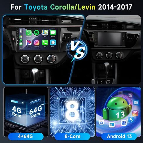 8 CORE 4G+64G راديو السيارة ستيريو لسيارة Toyota Corolla/Levin 2014-2017، شاشة لمس IPS 10.1 بوصة Android 13، Carplay اللاسلكي/Android Auto، GPS، 4G/WiFi، AM/FM، بلوتوث 5.1، 32 نطاق DSP، HD آلة تصوير in Saudi Arabia