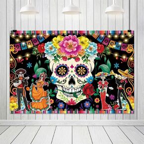 7x5ft Mexican Fiesta Dia DE Los Muertos Backdrop Dancing Floral Sugar Skull Party Carnival Dress-up Party Background for Costume Birthday Party Supplies Decorations Fiesta Banner