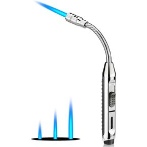 Long Lighter Butane Refillable, Windproof Jet Flame Adjustable Lighter with Visual Fuel Window, 360° Flexible Lighter for Kitchen Outdoor Camping Grill (Silver Color)