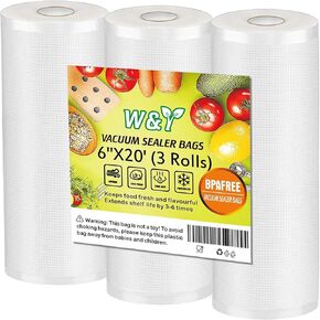 Vacuum Sealer Bags - 6" x 20' (3 Rolls), Reusable & Sous Vide, Commercial Grade, Embossed Texture, BPA-Free, Food Saver Vacuum Sealer Bags Rolls for Packing, Freezer & Cooking Storage