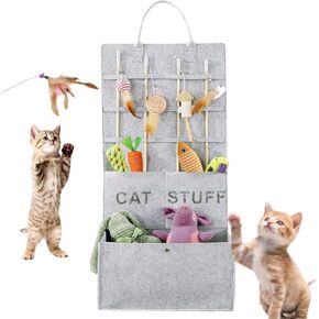 Cat Toy Box for Indoor Cats, Cat Toy Storage Organizer for Wand Toys, Pet Storage Box with Handle, Save Space Cat Feather Toy Storage, Hanging Bag for Neatly Organizing Pet Teaser Wand Toys