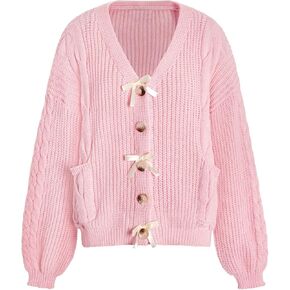 Verdusa Women's Bow Knot Drop Shoulder Bishop Sleeve V Neck Knit Cardigan Sweater