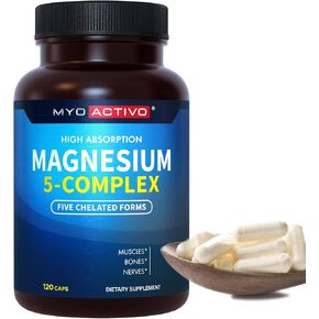 Magnesium 5 Complex - Chelated Magnesium Glycinate, Malate, Citrate, Taurate, & Aspartate for Nerves, Muscles, Bones - 2 Pack