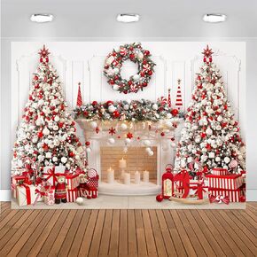 Mocsicka Christmas Fireplace Backdrop White Red Christmas Tree Photography Background Winter Christmas Family Kids Holiday Party Banner Decorations Photo Booth Props (Red, 8x6ft(96''x72''))