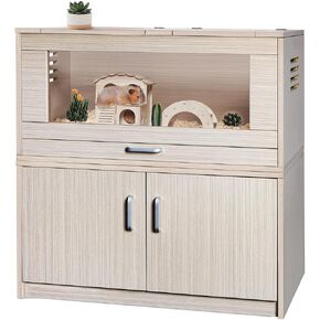 Wooden Hamster Cage Furniture with Storage Cabinet, Small Animal Cage Guinea Pig Cages with Hideout Castle and Ladders Bridge, Easy View Acrylic Panels, Large Habitat for Gerbils Mice Hedgehog Degus