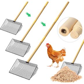10inch Large Chicken Poop Scooper, 3 in 1 Metal Litter Scoop (20" to 42") Sturdy Wooden Handle, Multi-functional Heavy Duty Litter Sifting Shovel, Poop Scooper for Chicken Coop Accessories