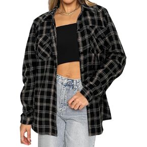HOTOUCH Women's Long Roll Up Sleeve Cotton Flannels Plaid Shirts Classic Fit Button Down Shirt Blouses with Pockets