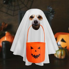 Halloween Dog Ghost Costume - Super Stretchy Halloween Pet Cloth with Felt Pumpkin Candy Bucket for Medium Dogs DIY Halloween Cosplay Party