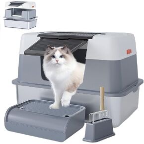 Stainless Steel Cat Litter Box with Lid,Metal Litter Box for Big Cats,Extra Large Enclosed Metal Litter Box,Metal Litter Pan Tray with High Wall Sides,Anti-Leakage, Include Litter Scoop,Litter Mat